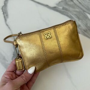 COACH METALLIC GOLD PINK WALLET WRISTLET BAG PURSE CLUTCH CC DESIGNER LEATHER